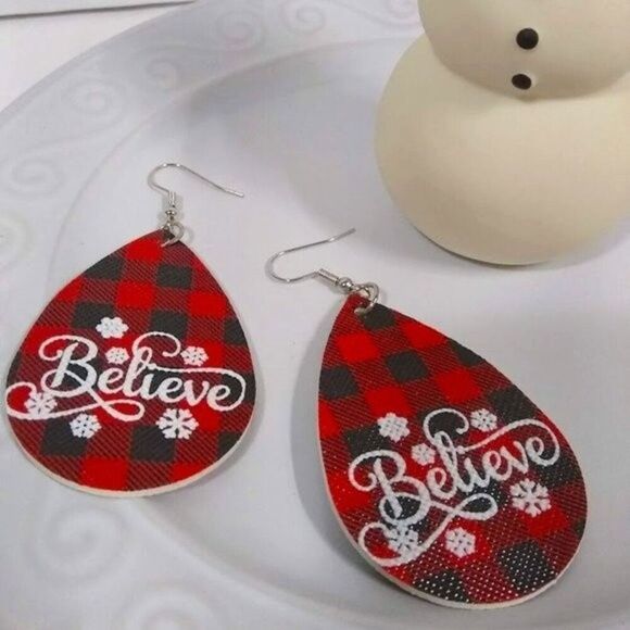 Believe Red & Black Buffalo Check Teardrop Earrings - Picture 4 of 4